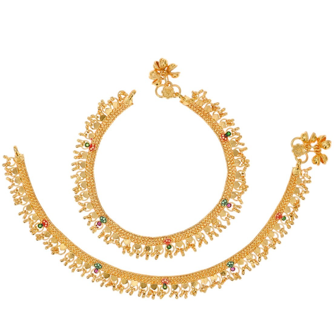 Aanya Centric gold plated anklet pair with floral charms and colorful bead accents, 10 inches.