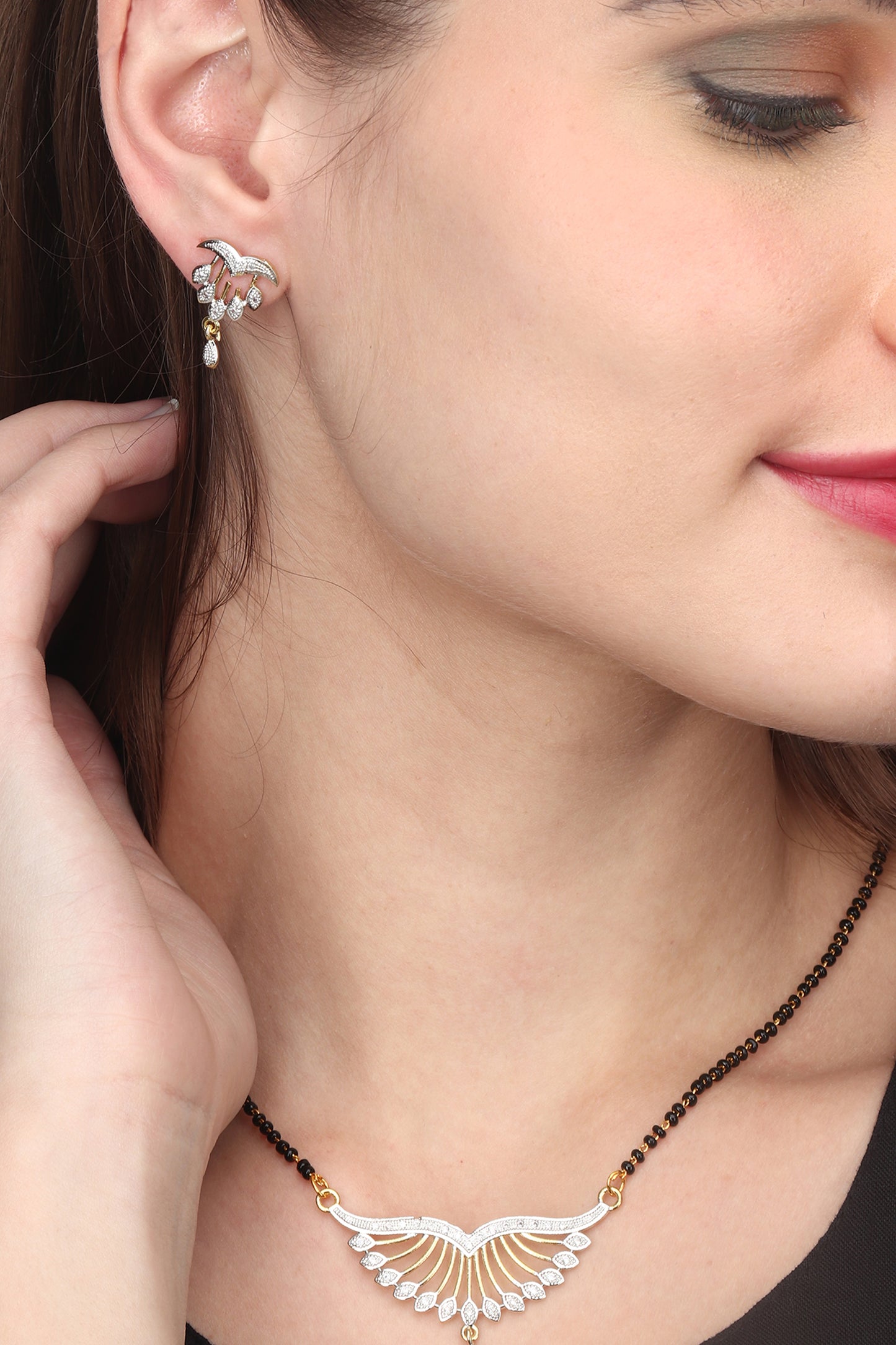 Gold Plated AD Mangalsutra Pendant and Earrings Set with Black Beads Chain