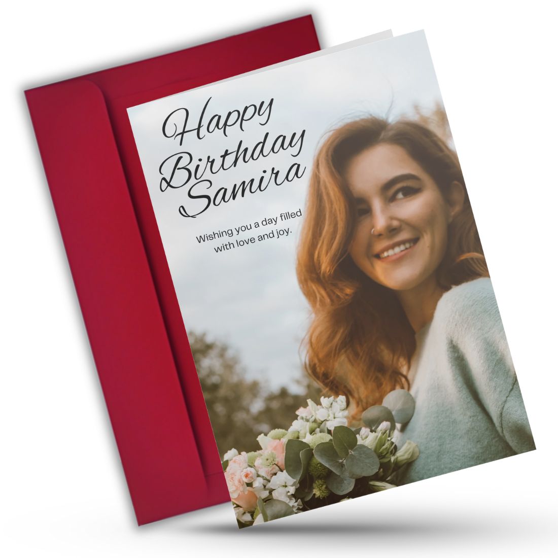 Personalized birthday greeting card with custom name and photo, featuring a floral design and red envelope
