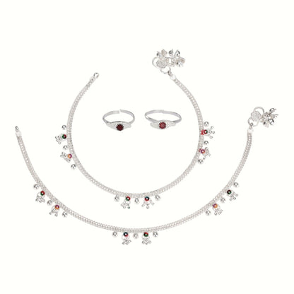 Silver and Gold Plated Ghungroo Payal Anklet with Adjustable Bichhiya Toe Ring Combo Set for Women