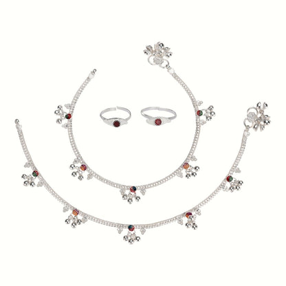 Silver and Gold Plated Ghungroo Payal Anklet with Adjustable Bichhiya Toe Ring Combo Set for Women
