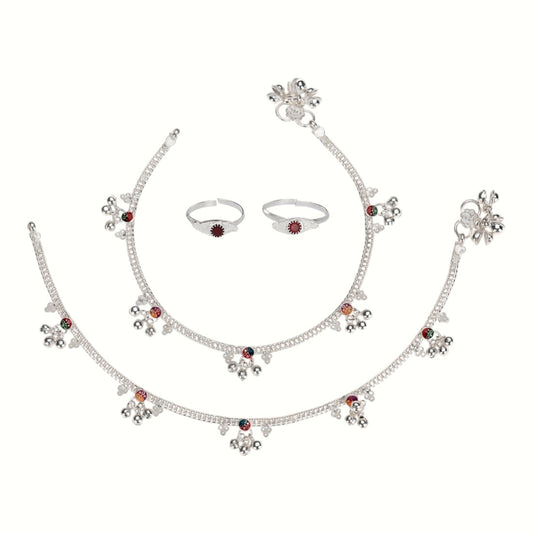 Silver and Gold Plated Ghungroo Payal Anklet with Adjustable Bichhiya Toe Ring Combo Set for Women