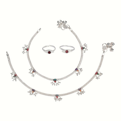 Silver and Gold Plated Ghungroo Payal Anklet with Adjustable Bichhiya Toe Ring Combo Set for Women