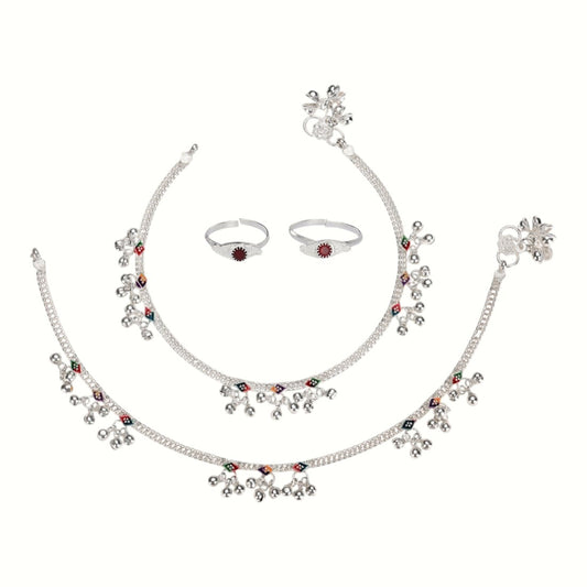 Silver and Gold Plated Ghungroo Payal Anklet with Adjustable Bichhiya Toe Ring Combo Set for Women