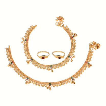 Silver and Gold Plated Ghungroo Payal Anklet with Adjustable Bichhiya Toe Ring Combo Set for Women