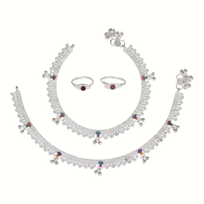 Silver and Gold Plated Ghungroo Payal Anklet with Adjustable Bichhiya Toe Ring Combo Set for Women
