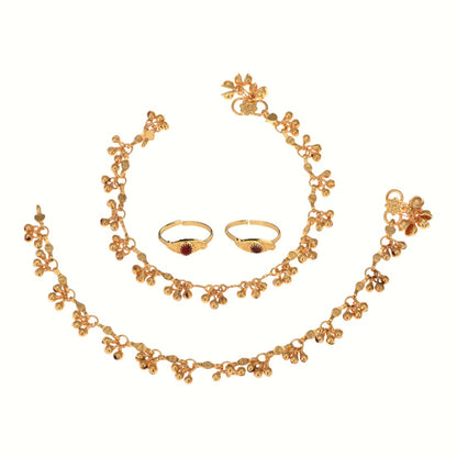 Silver and Gold Plated Ghungroo Payal Anklet with Adjustable Bichhiya Toe Ring Combo Set for Women