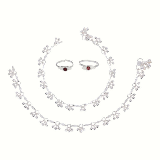 Silver and Gold Plated Ghungroo Payal Anklet with Adjustable Bichhiya Toe Ring Combo Set for Women