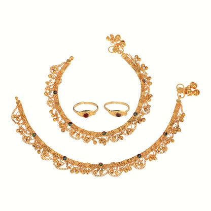 Silver and Gold Plated Ghungroo Payal Anklet with Adjustable Bichhiya Toe Ring Combo Set for Women