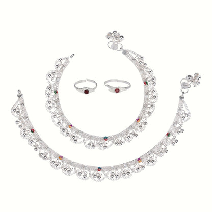 Silver and Gold Plated Ghungroo Payal Anklet with Adjustable Bichhiya Toe Ring Combo Set for Women