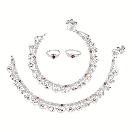 Silver and Gold Plated Ghungroo Payal Anklet with Adjustable Bichhiya Toe Ring Combo Set for Women