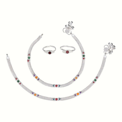 Silver and Gold Plated Ghungroo Payal Anklet with Adjustable Bichhiya Toe Ring Combo Set for Women