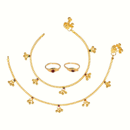 Silver and Gold Plated Ghungroo Payal Anklet with Adjustable Bichhiya Toe Ring Combo Set for Women