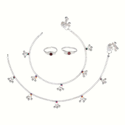 Silver and Gold Plated Ghungroo Payal Anklet with Adjustable Bichhiya Toe Ring Combo Set for Women