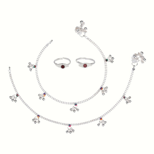 Silver and Gold Plated Ghungroo Payal Anklet with Adjustable Bichhiya Toe Ring Combo Set for Women