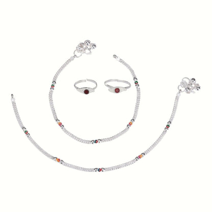 Silver and Gold Plated Ghungroo Payal Anklet with Adjustable Bichhiya Toe Ring Combo Set for Women