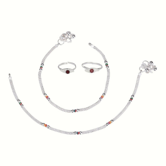 Silver and Gold Plated Ghungroo Payal Anklet with Adjustable Bichhiya Toe Ring Combo Set for Women