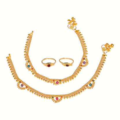 Silver and Gold Plated Ghungroo Payal Anklet with Adjustable Bichhiya Toe Ring Combo Set for Women