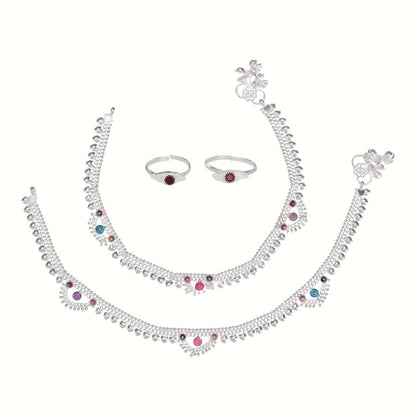 Silver and Gold Plated Ghungroo Payal Anklet with Adjustable Bichhiya Toe Ring Combo Set for Women