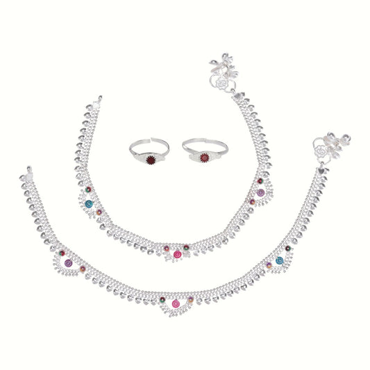 Silver and Gold Plated Ghungroo Payal Anklet with Adjustable Bichhiya Toe Ring Combo Set for Women