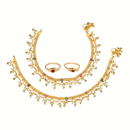 Silver and Gold Plated Ghungroo Payal Anklet with Adjustable Bichhiya Toe Ring Combo Set for Women
