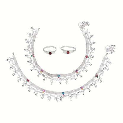 Silver and Gold Plated Ghungroo Payal Anklet with Adjustable Bichhiya Toe Ring Combo Set for Women