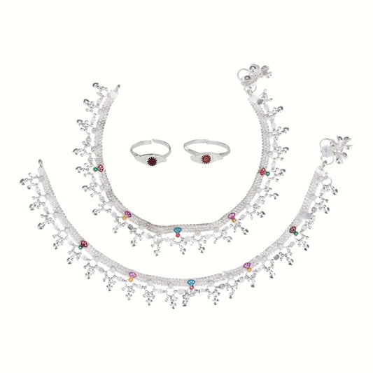 Silver and Gold Plated Ghungroo Payal Anklet with Adjustable Bichhiya Toe Ring Combo Set for Women