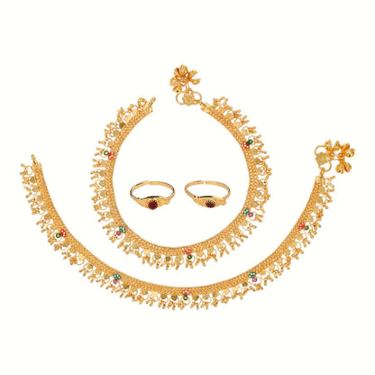 Silver and Gold Plated Ghungroo Payal Anklet with Adjustable Bichhiya Toe Ring Combo Set for Women