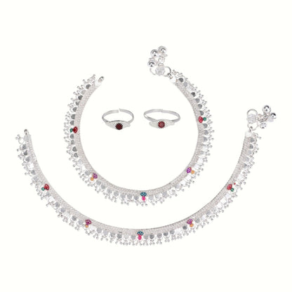 Silver and Gold Plated Ghungroo Payal Anklet with Adjustable Bichhiya Toe Ring Combo Set for Women