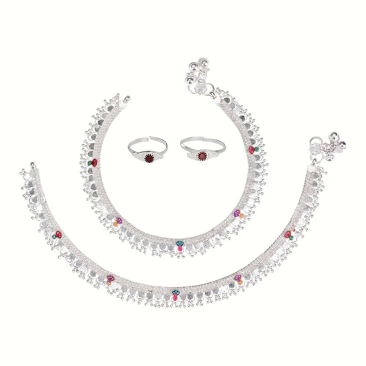 Silver and Gold Plated Ghungroo Payal Anklet with Adjustable Bichhiya Toe Ring Combo Set for Women