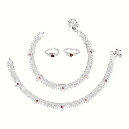 Silver and Gold Plated Ghungroo Payal Anklet with Adjustable Bichhiya Toe Ring Combo Set for Women