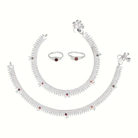 Silver and Gold Plated Ghungroo Payal Anklet with Adjustable Bichhiya Toe Ring Combo Set for Women