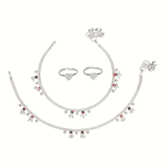 Silver and Gold Plated Ghungroo Payal Anklet with Adjustable Bichhiya Toe Ring Combo Set for Women