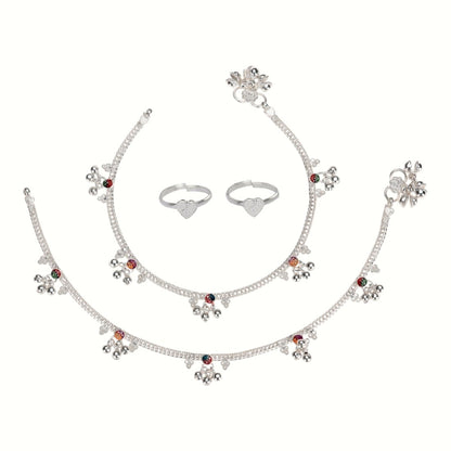 Silver and Gold Plated Ghungroo Payal Anklet with Adjustable Bichhiya Toe Ring Combo Set for Women