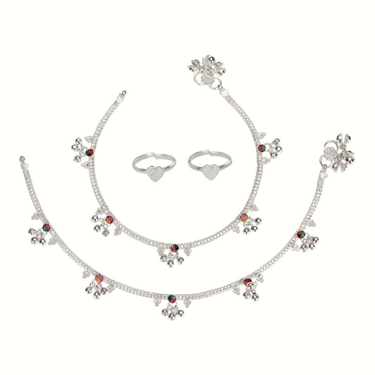 Silver and Gold Plated Ghungroo Payal Anklet with Adjustable Bichhiya Toe Ring Combo Set for Women