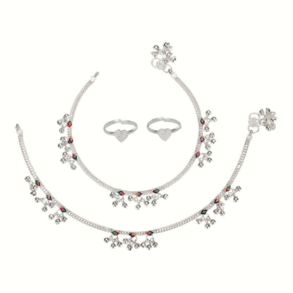 Silver and Gold Plated Ghungroo Payal Anklet with Adjustable Bichhiya Toe Ring Combo Set for Women