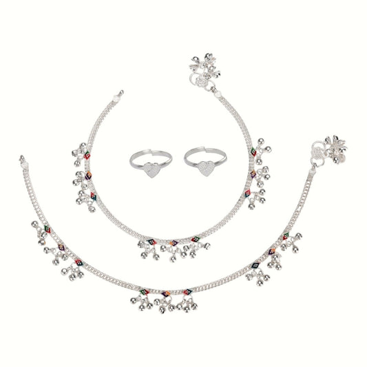 Silver and Gold Plated Ghungroo Payal Anklet with Adjustable Bichhiya Toe Ring Combo Set for Women