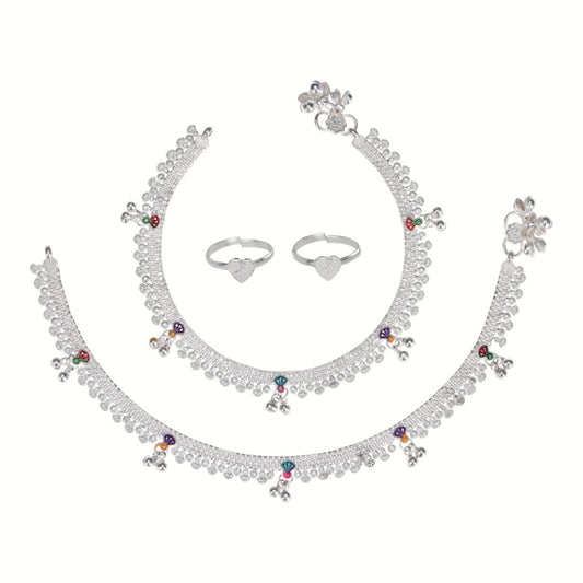 Silver and Gold Plated Ghungroo Payal Anklet with Adjustable Bichhiya Toe Ring Combo Set for Women