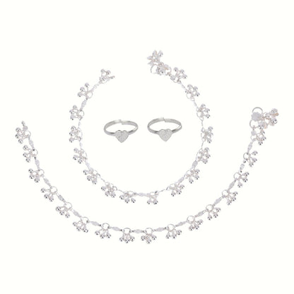 Silver and Gold Plated Ghungroo Payal Anklet with Adjustable Bichhiya Toe Ring Combo Set for Women