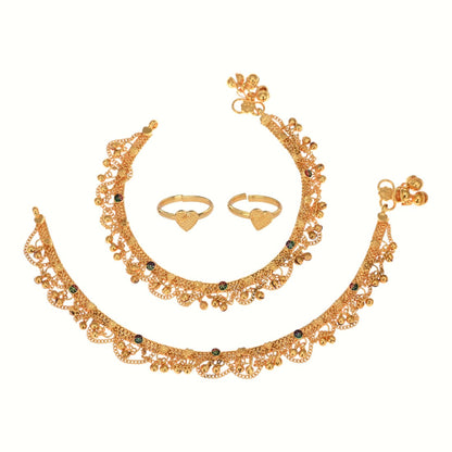 Silver and Gold Plated Ghungroo Payal Anklet with Adjustable Bichhiya Toe Ring Combo Set for Women