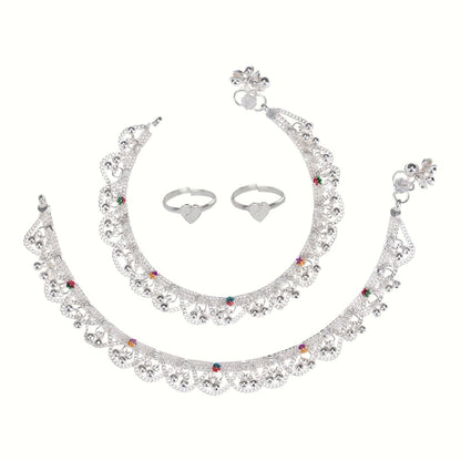 Silver and Gold Plated Ghungroo Payal Anklet with Adjustable Bichhiya Toe Ring Combo Set for Women