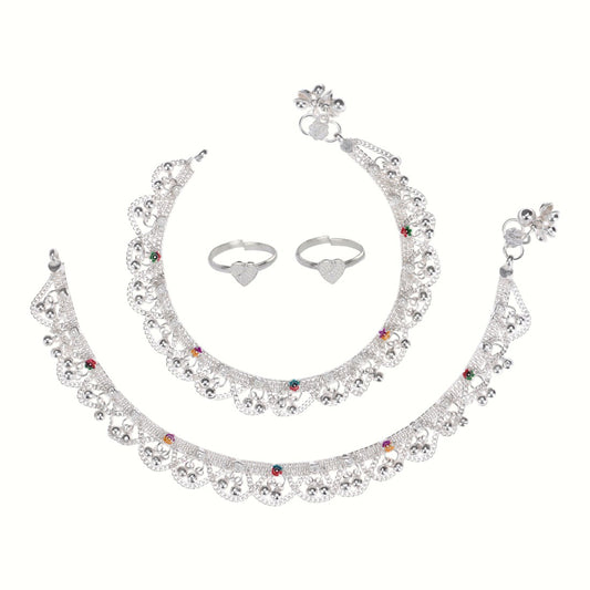 Silver and Gold Plated Ghungroo Payal Anklet with Adjustable Bichhiya Toe Ring Combo Set for Women