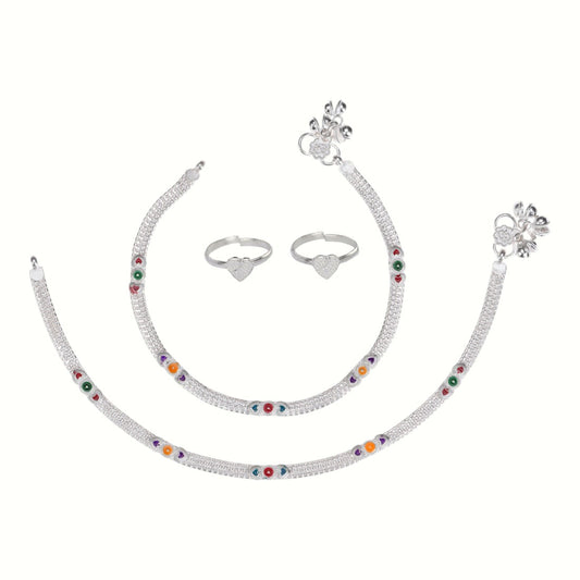 Silver and Gold Plated Ghungroo Payal Anklet with Adjustable Bichhiya Toe Ring Combo Set for Women