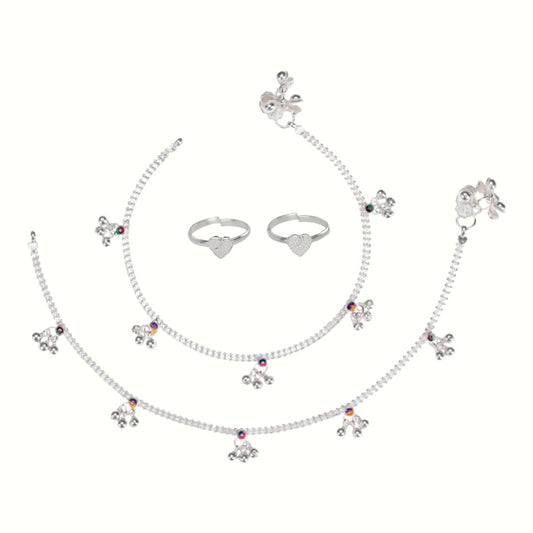 Silver and Gold Plated Ghungroo Payal Anklet with Adjustable Bichhiya Toe Ring Combo Set for Women