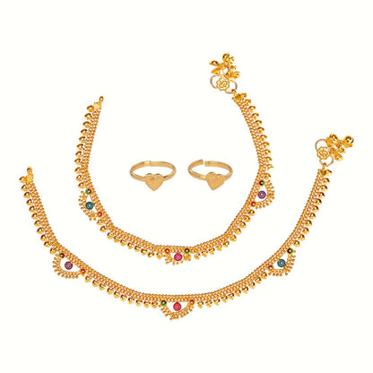 Silver and Gold Plated Ghungroo Payal Anklet with Adjustable Bichhiya Toe Ring Combo Set for Women