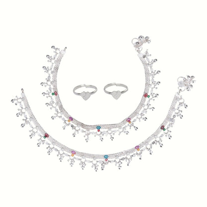 Silver and Gold Plated Ghungroo Payal Anklet with Adjustable Bichhiya Toe Ring Combo Set for Women