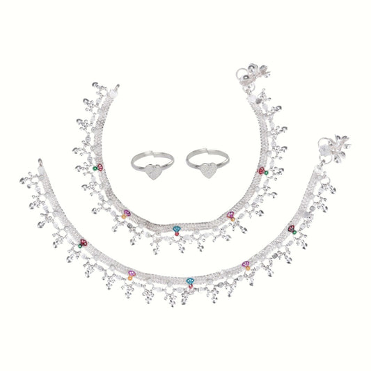 Silver and Gold Plated Ghungroo Payal Anklet with Adjustable Bichhiya Toe Ring Combo Set for Women