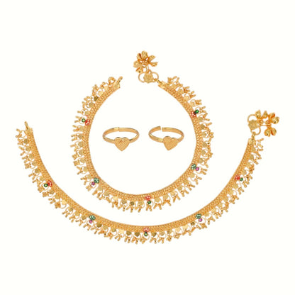 Silver and Gold Plated Ghungroo Payal Anklet with Adjustable Bichhiya Toe Ring Combo Set for Women