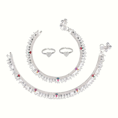 Silver and Gold Plated Ghungroo Payal Anklet with Adjustable Bichhiya Toe Ring Combo Set for Women