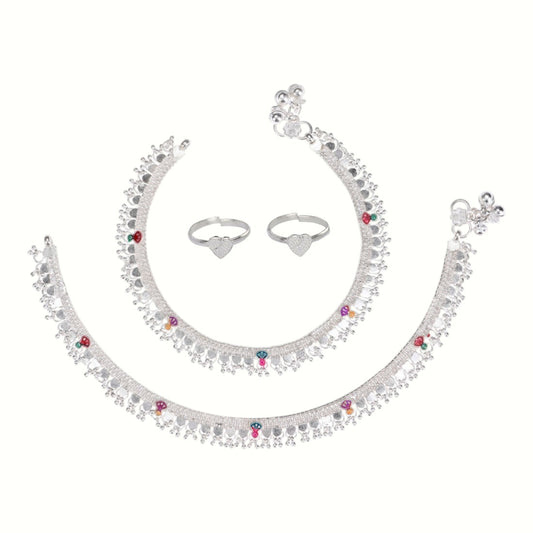 Silver and Gold Plated Ghungroo Payal Anklet with Adjustable Bichhiya Toe Ring Combo Set for Women